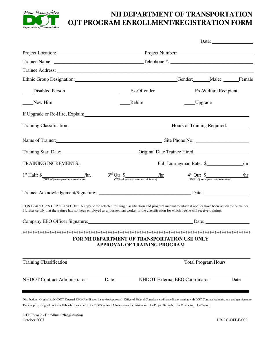 OJT Form 2 Ojt Program Enrollment / Registration Form - New Hampshire, Page 1
