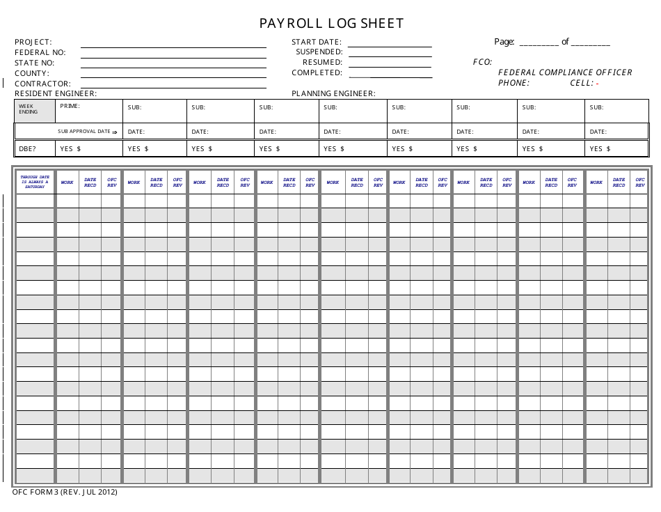 OFC Form 3 Payroll Log Sheet - New Hampshire, Page 1