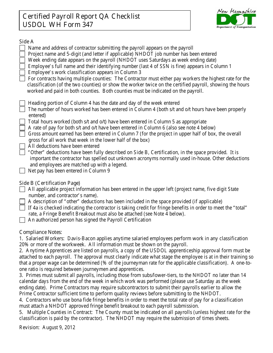 USDOL WH Form 347 Certified Payroll Report Qa Checklist - New Hampshire, Page 1