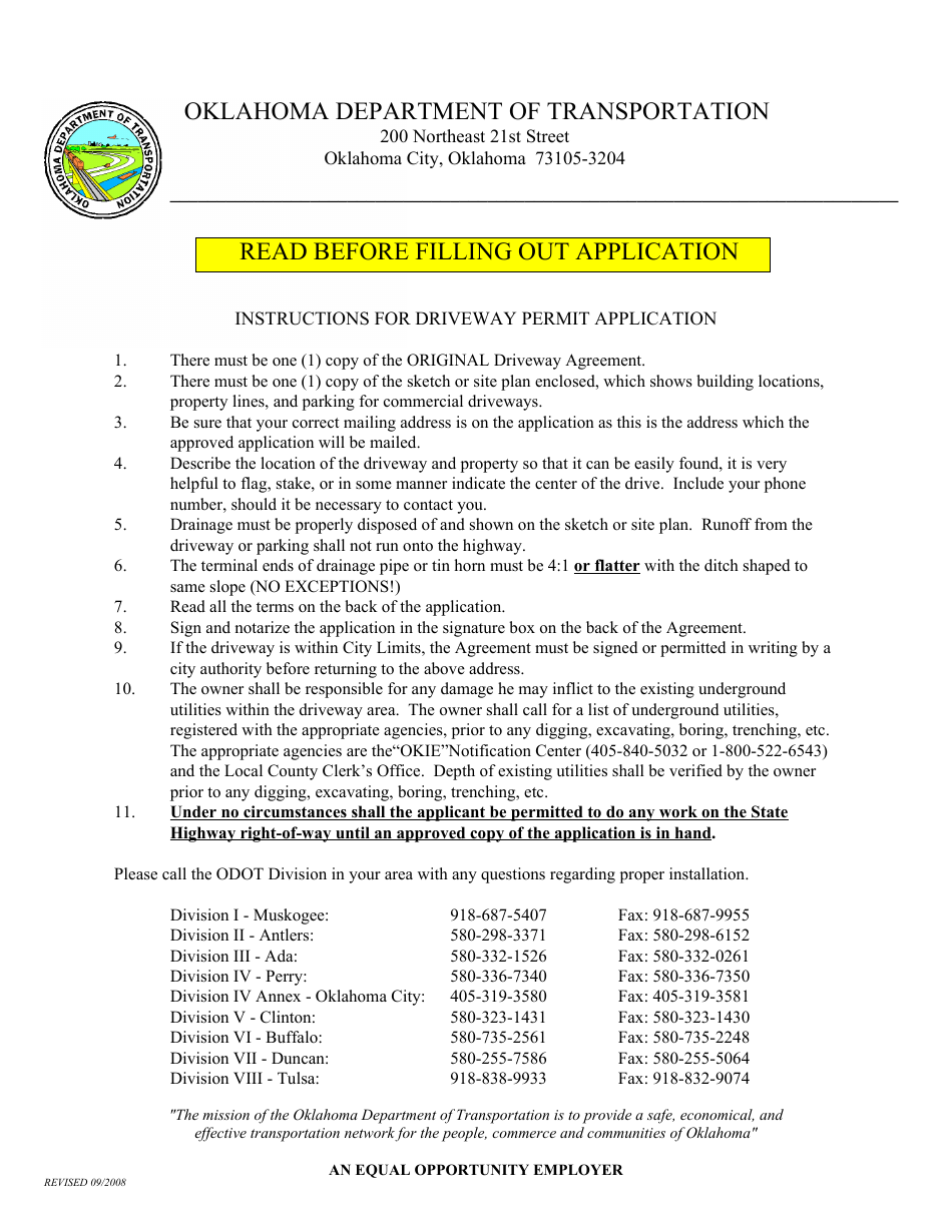 Instructions for Form TE-2000 Driveway Agreement (Permit) Application - Oklahoma, Page 1
