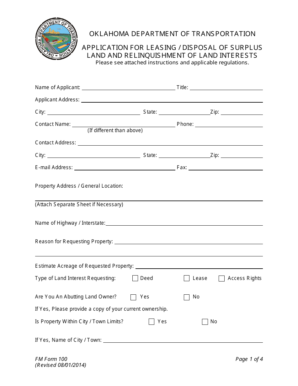 FM Form 100 Application for Leasing / Disposal of Surplus Land and Relinquishment of Land Interests - Oklahoma, Page 1