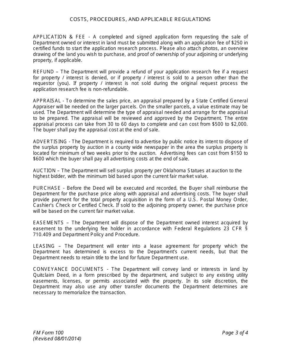 FM Form 100 Application for Leasing / Disposal of Surplus Land and Relinquishment of Land Interests - Oklahoma, Page 3