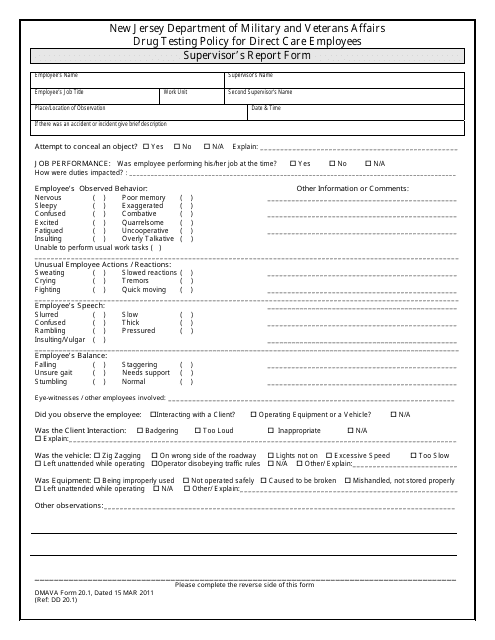 NJDMAVA Form 20.1 Drug Testing Policy for Direct Care Employees Supervisor's Report Form - New Jersey