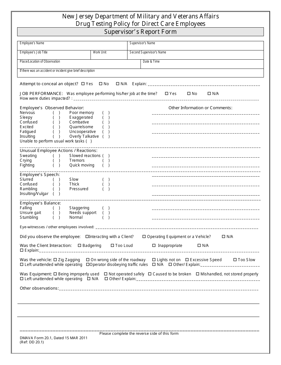 NJDMAVA Form 20.1 Drug Testing Policy for Direct Care Employees Supervisors Report Form - New Jersey, Page 1