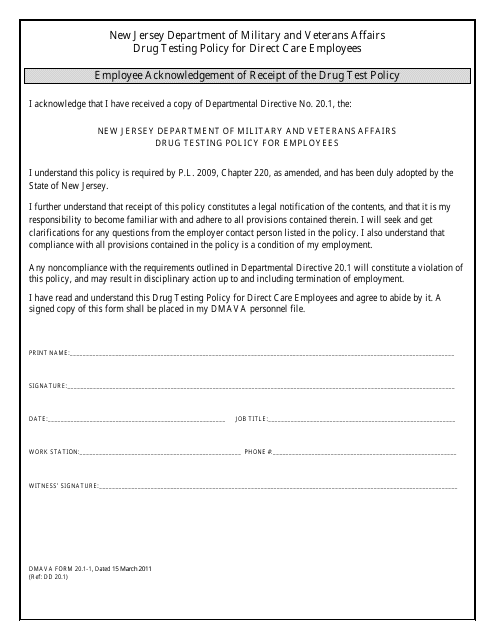 NJDMAVA Form 20.1-1 Employee Acknowledgement of Receipt of the Drug Test Policy - New Jersey