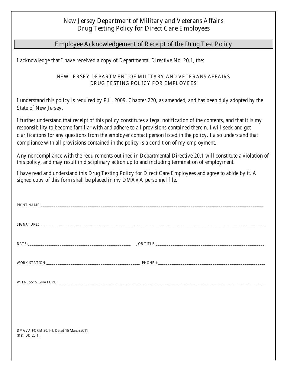 NJDMAVA Form 20.1-1 Employee Acknowledgement of Receipt of the Drug Test Policy - New Jersey, Page 1