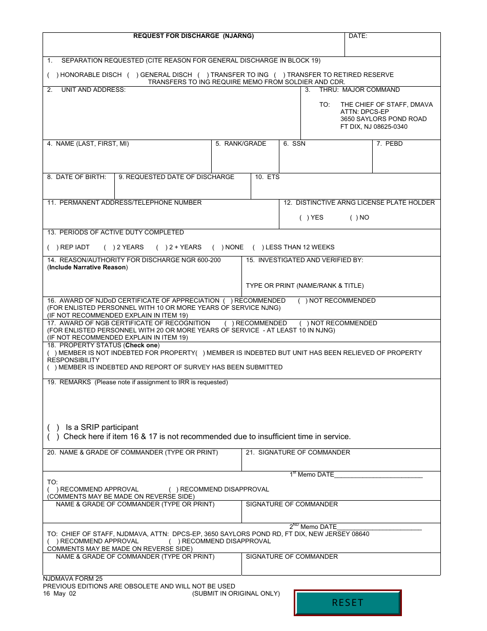NJDMAVA Form 25 Request for Discharge (Njarng) - New Jersey, Page 1