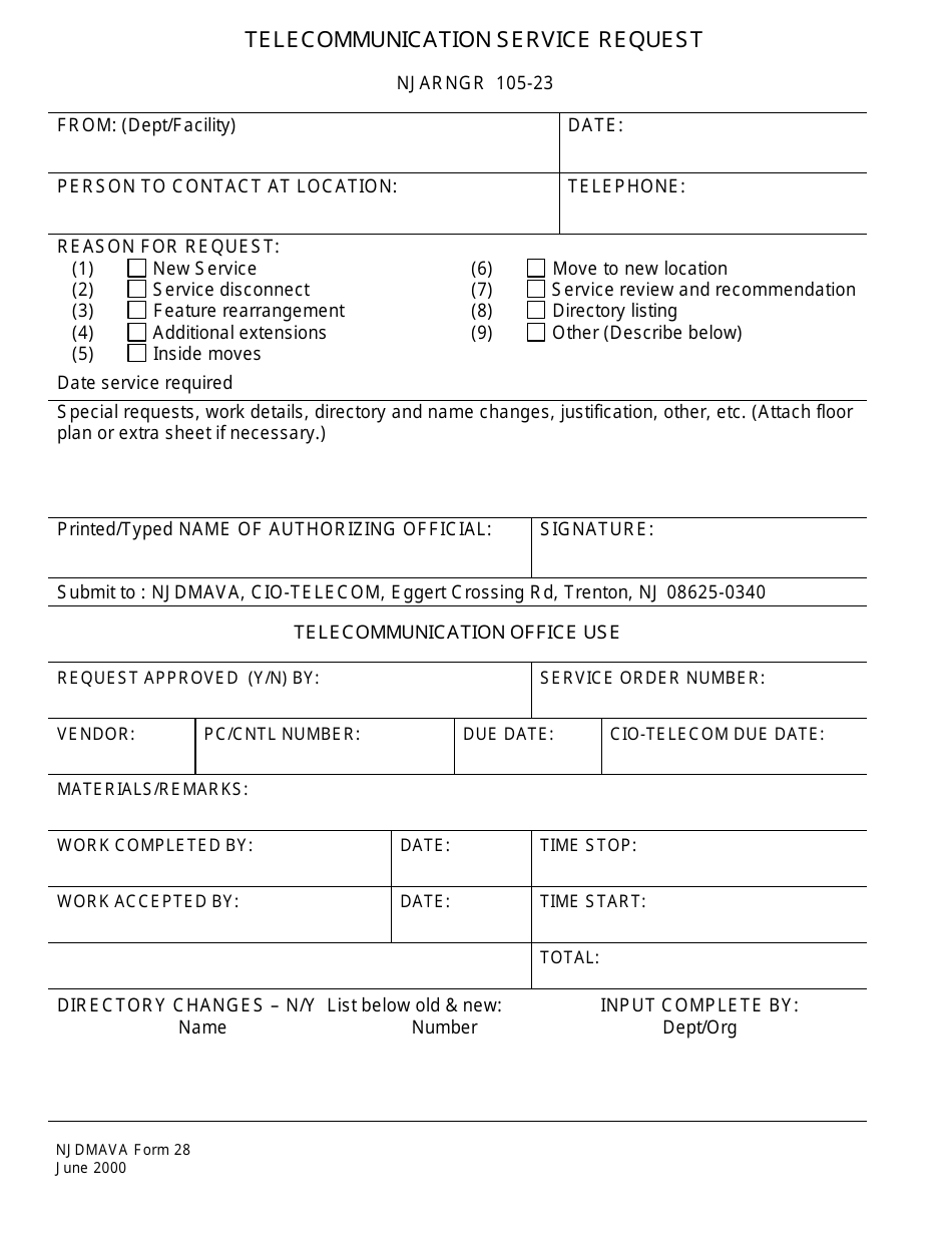 NJDMAVA Form 28 Telecommunication Service Request - New Jersey, Page 1