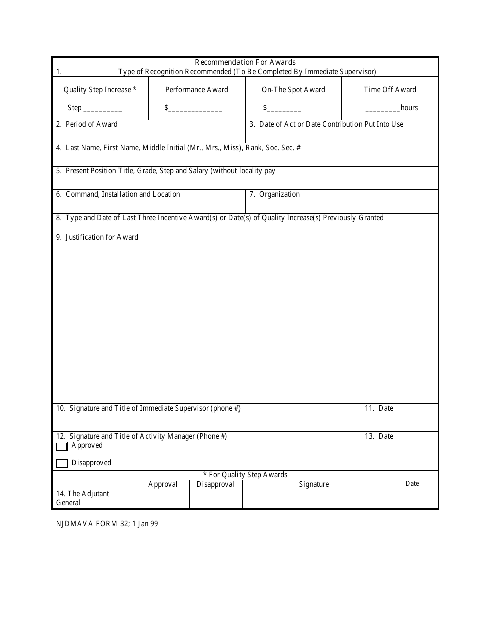 NJDMAVA Form 32 Recommendation for Awards - New Jersey, Page 1