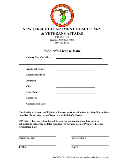 NJDMAVA Form 45.24R Peddlers License Issue - New Jersey