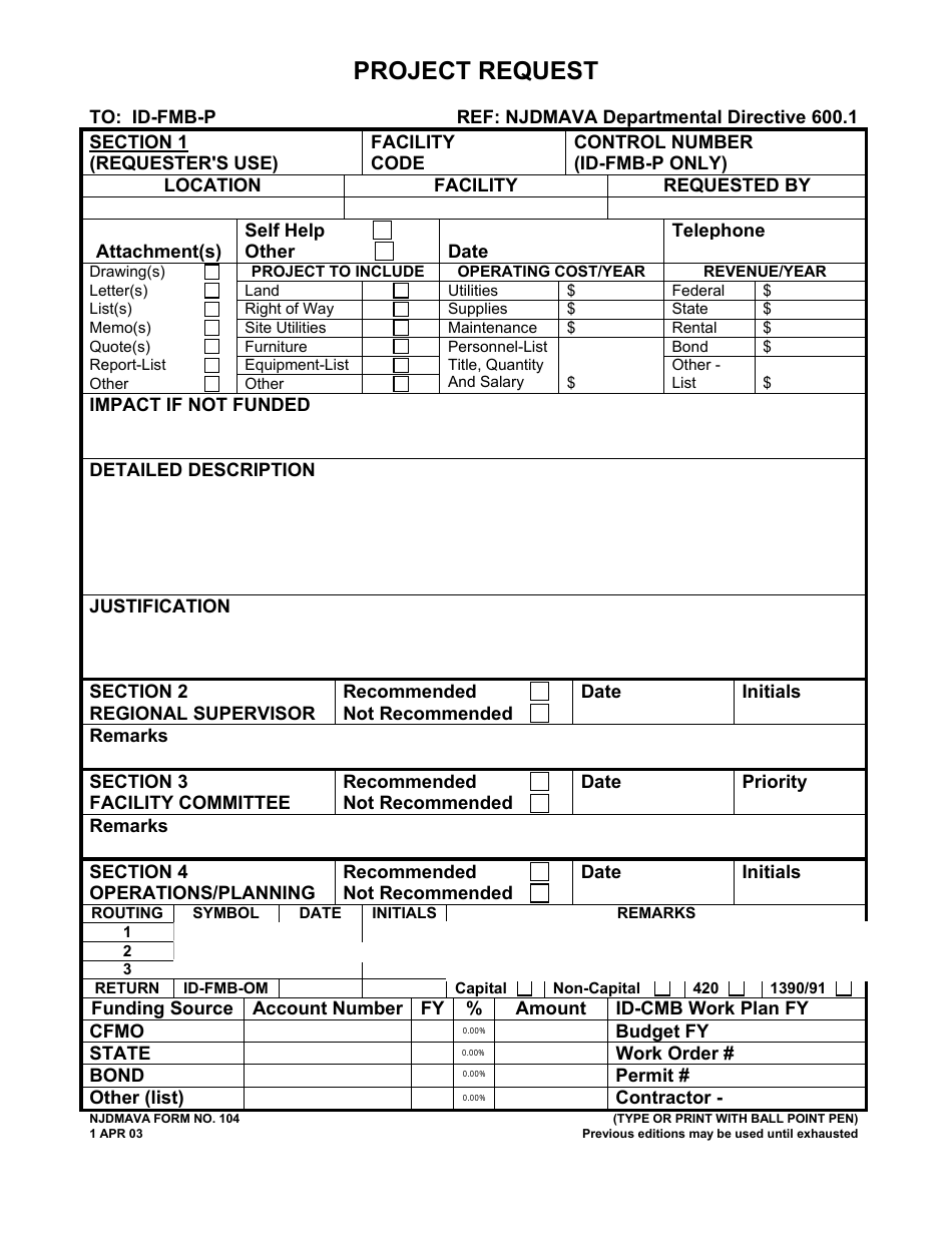 NJDMAVA Form 104 Project Request - New Jersey, Page 1