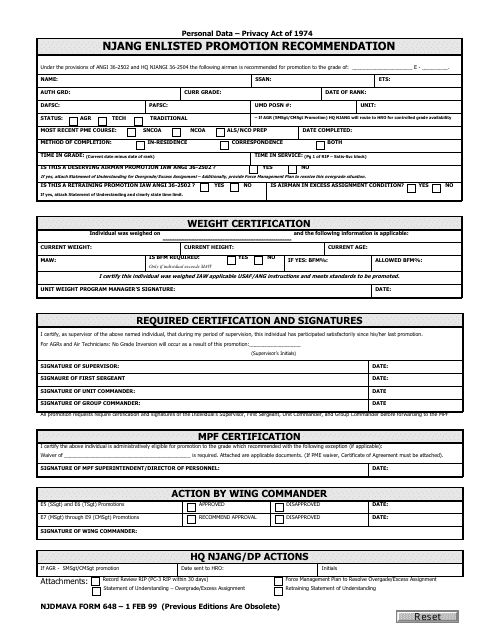 NJDMAVA Form 648  Printable Pdf