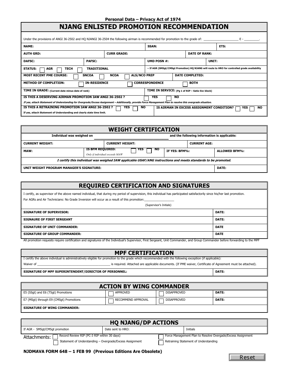 NJDMAVA Form 648 Njang Enlisted Promotion Recommendation - New Jersey, Page 1