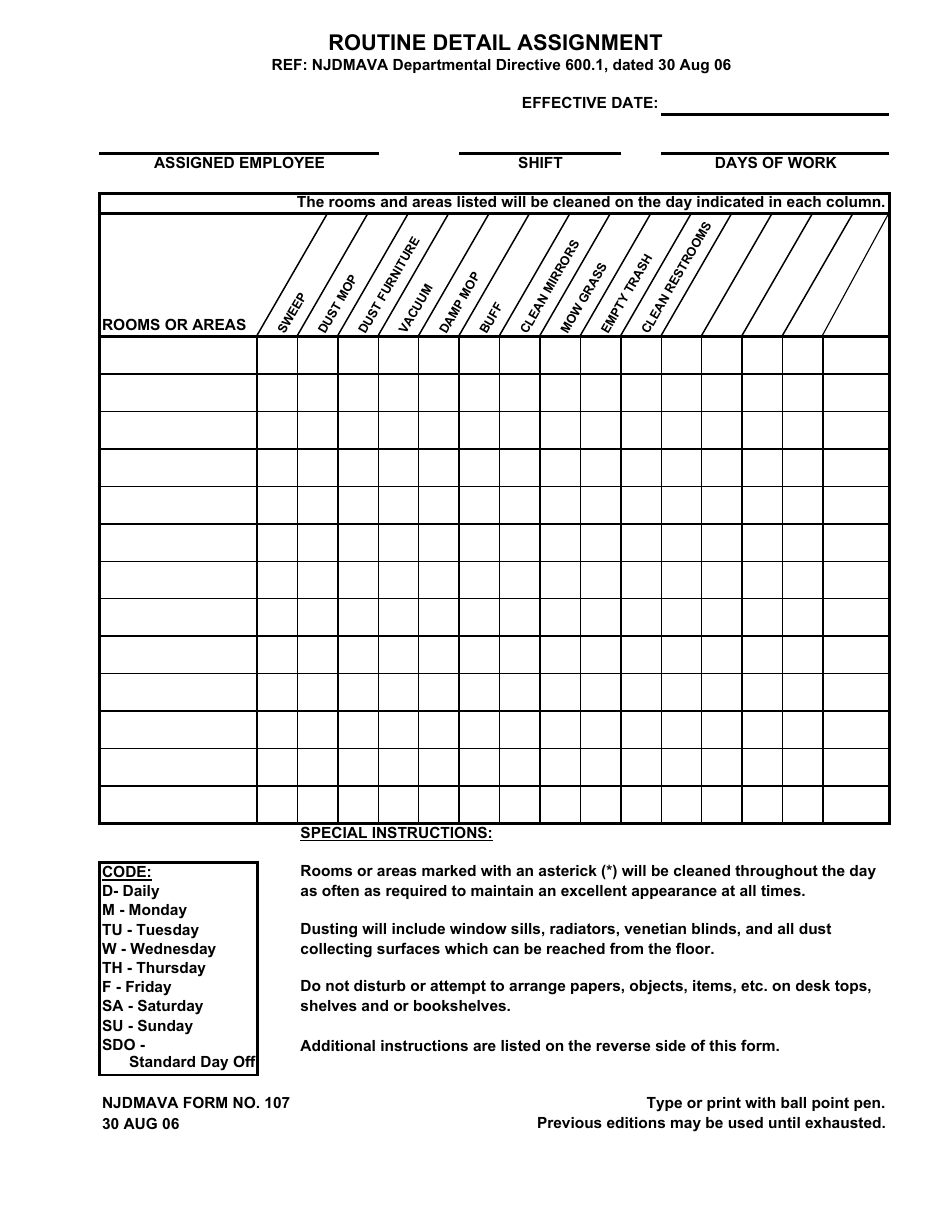 NJDMAVA Form 107 Routine Detail Assignment - New Jersey, Page 1