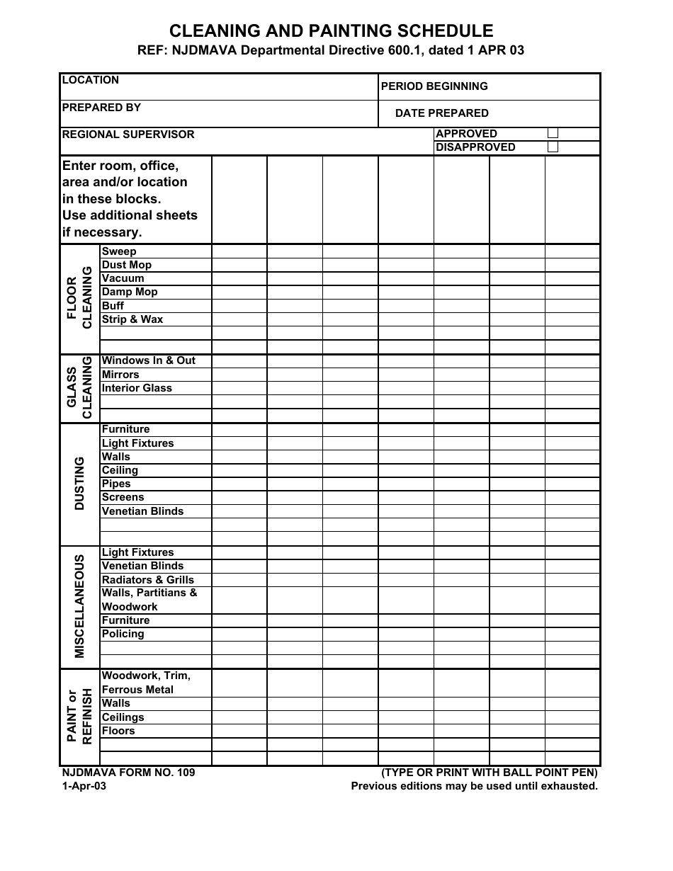 NJDMAVA Form 109 Cleaning and Painting Schedule - New Jersey, Page 1