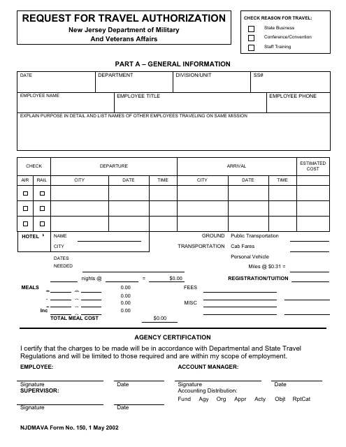 NJDMAVA Form 150 Request for Travel Authorization - New Jersey