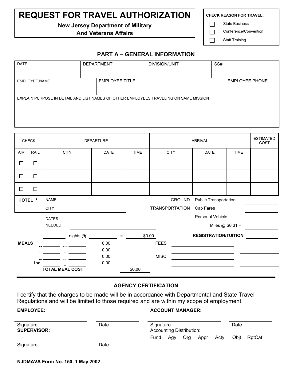 NJDMAVA Form 150 Request for Travel Authorization - New Jersey, Page 1