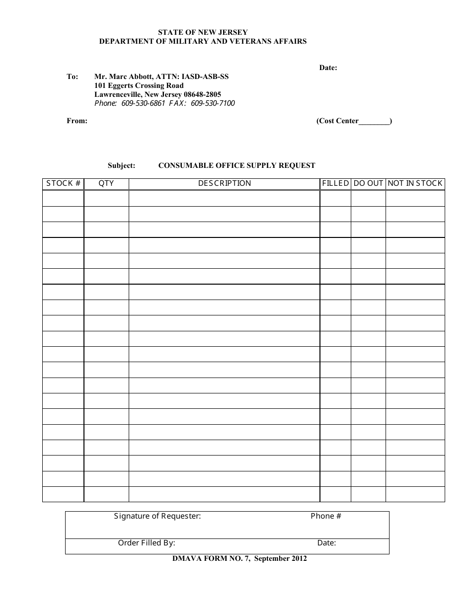 NJDMAVA Form 7 Dmava Consumable Office Supply Request - New Jersey, Page 1