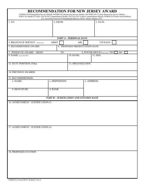 NJDMAVA Form 200.61  Printable Pdf