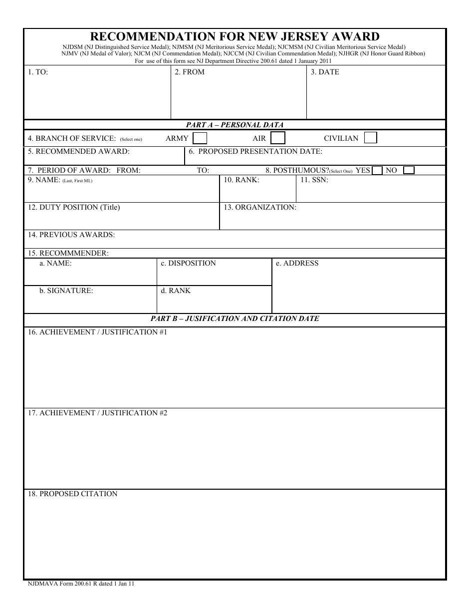 NJDMAVA Form 200.61 Recommendation for New Jersey Award - New Jersey, Page 1