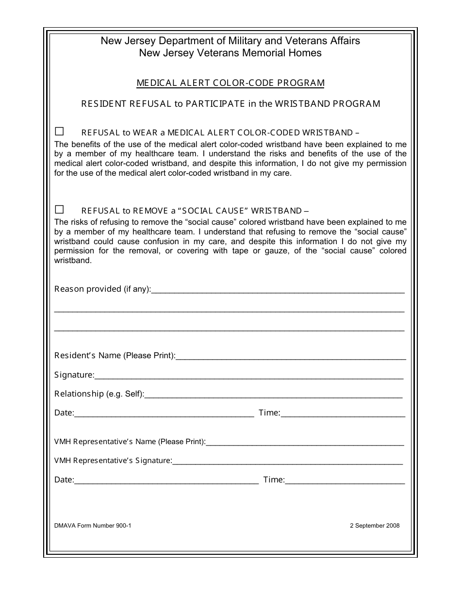 NJDMAVA Form 900-1 Medical Alert Color-Code Program Resident Refusal to Participate in the Wristband Program - New Jersey, Page 1