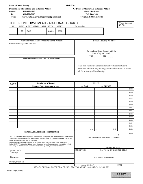 Form AR54-2A Toll Reimbursement - National Guard - New Jersey
