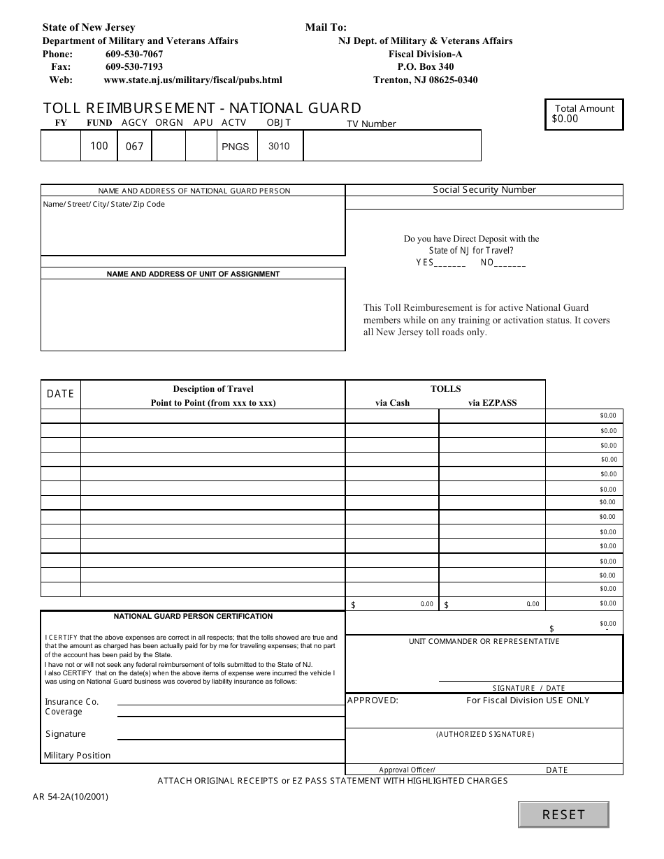 Form AR54-2A Toll Reimbursement - National Guard - New Jersey, Page 1