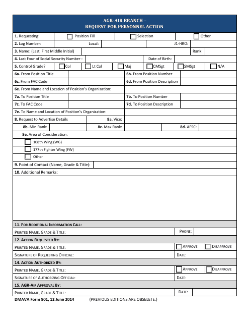 NJDMAVA Form 901 Agr-Air Branch " Request for Personnel Action - New Jersey