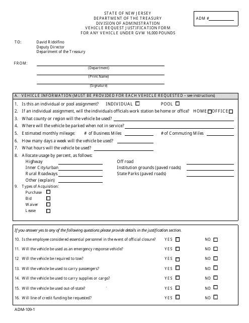 Form ADM-109-1 Vehicle Request Justification Form - New Jersey