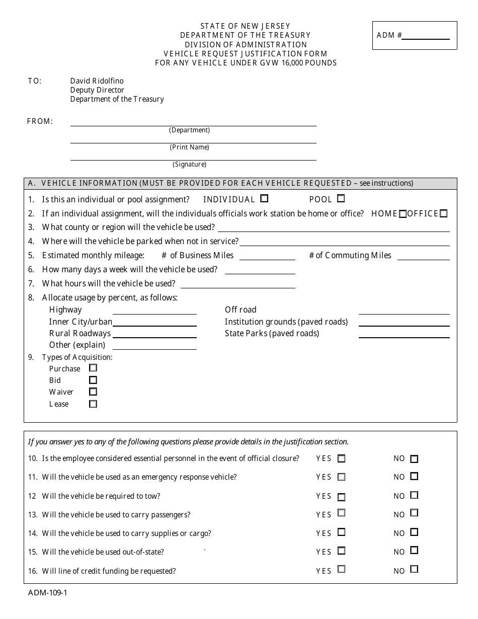 Form ADM-109-1 Vehicle Request Justification Form - New Jersey, Page 1