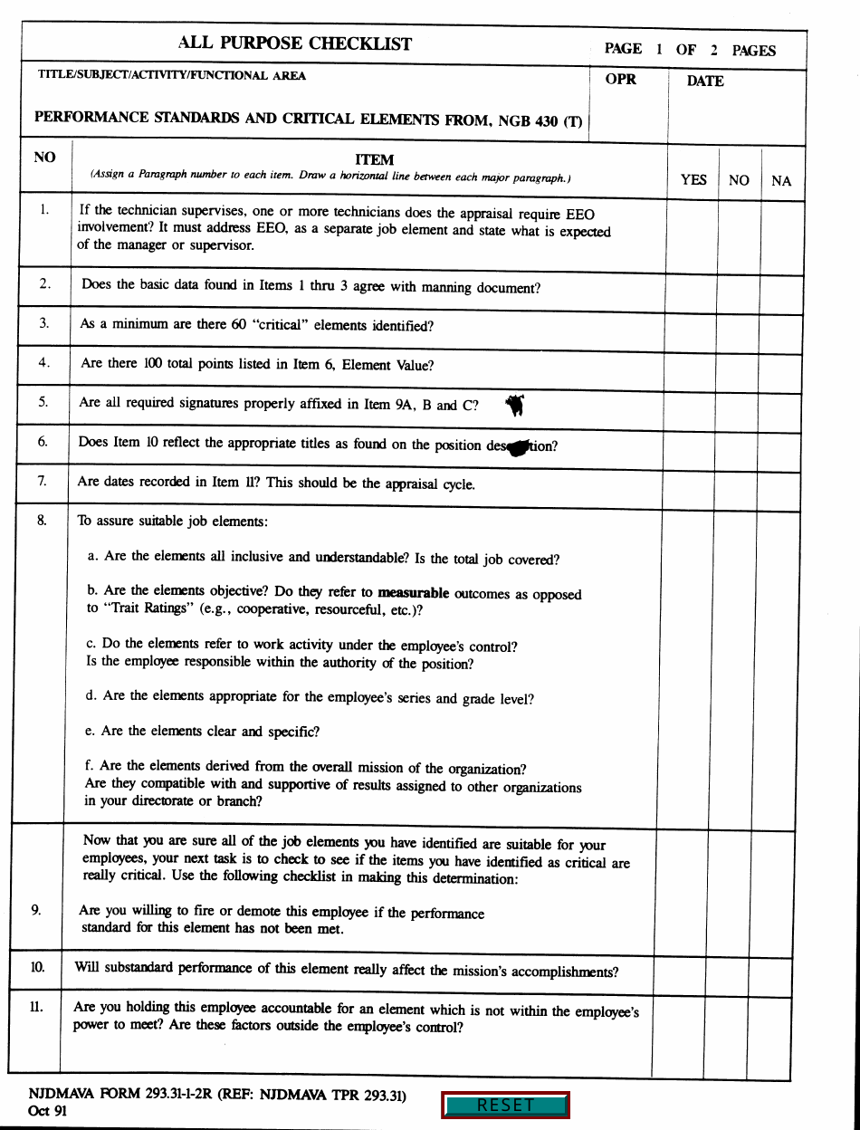 NJDMAVA Form 293.31-1-2R Performance Standards and Critical Elements - New Jersey, Page 1