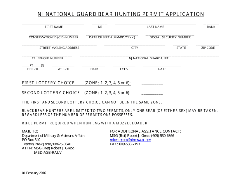 Nj National Guard Bear Hunting Permit Application - New Jersey Download Pdf