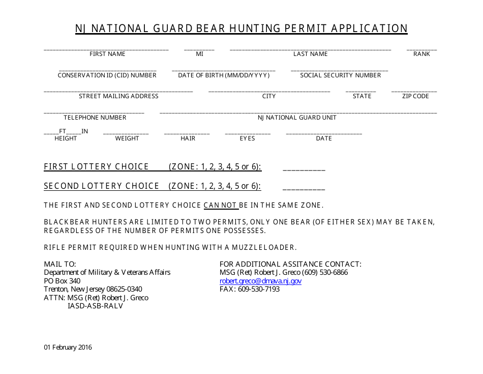 Nj National Guard Bear Hunting Permit Application - New Jersey, Page 1