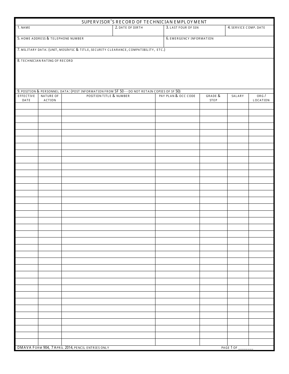 NJDMAVA Form 904 Supervisors Record of Technician Employment - New Jersey, Page 1