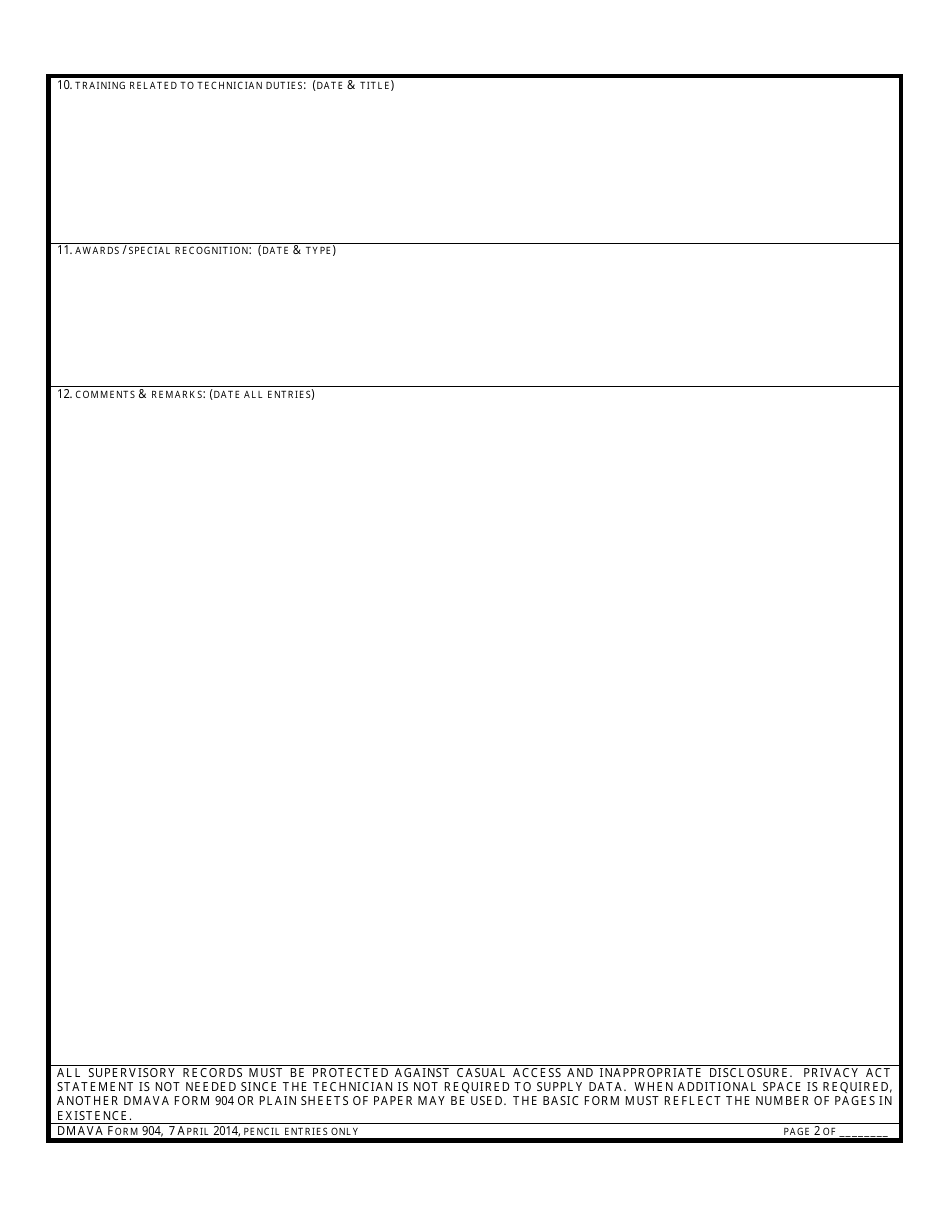 NJDMAVA Form 904 Supervisors Record of Technician Employment - New Jersey, Page 2