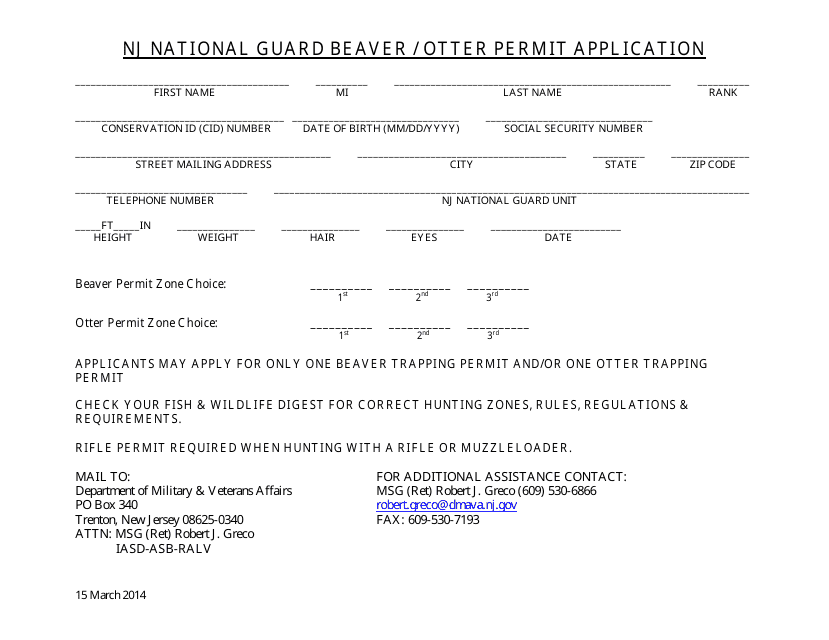 Nj National Guard Beaver / Otter Permit Application - New Jersey