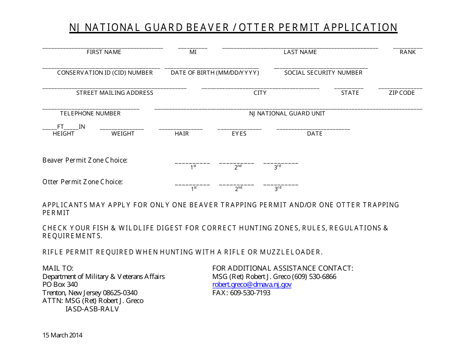 Nj National Guard Beaver / Otter Permit Application - New Jersey, Page 1