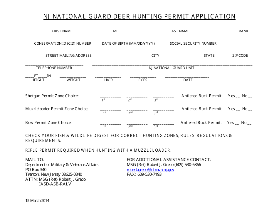 Nj National Guard Deer Hunting Permit Application - New Jersey, Page 1