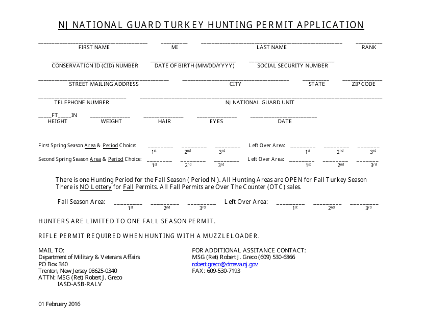 Nj National Guard Turkey Hunting Permit Application - New Jersey Download Pdf