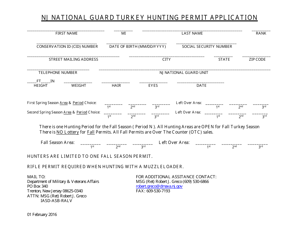 Nj National Guard Turkey Hunting Permit Application - New Jersey, Page 1