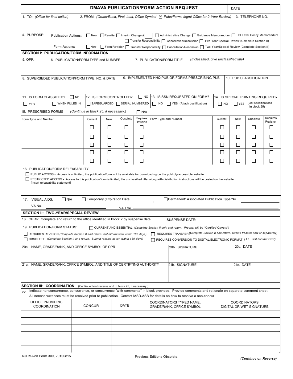 NJDMAVA Form 300 Dmava Publication / Form Action Request - New Jersey, Page 1