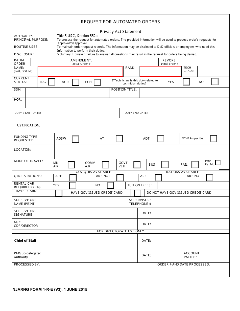 NJARNG Form 1-R-E Request for Automated Orders - New Jersey, Page 1