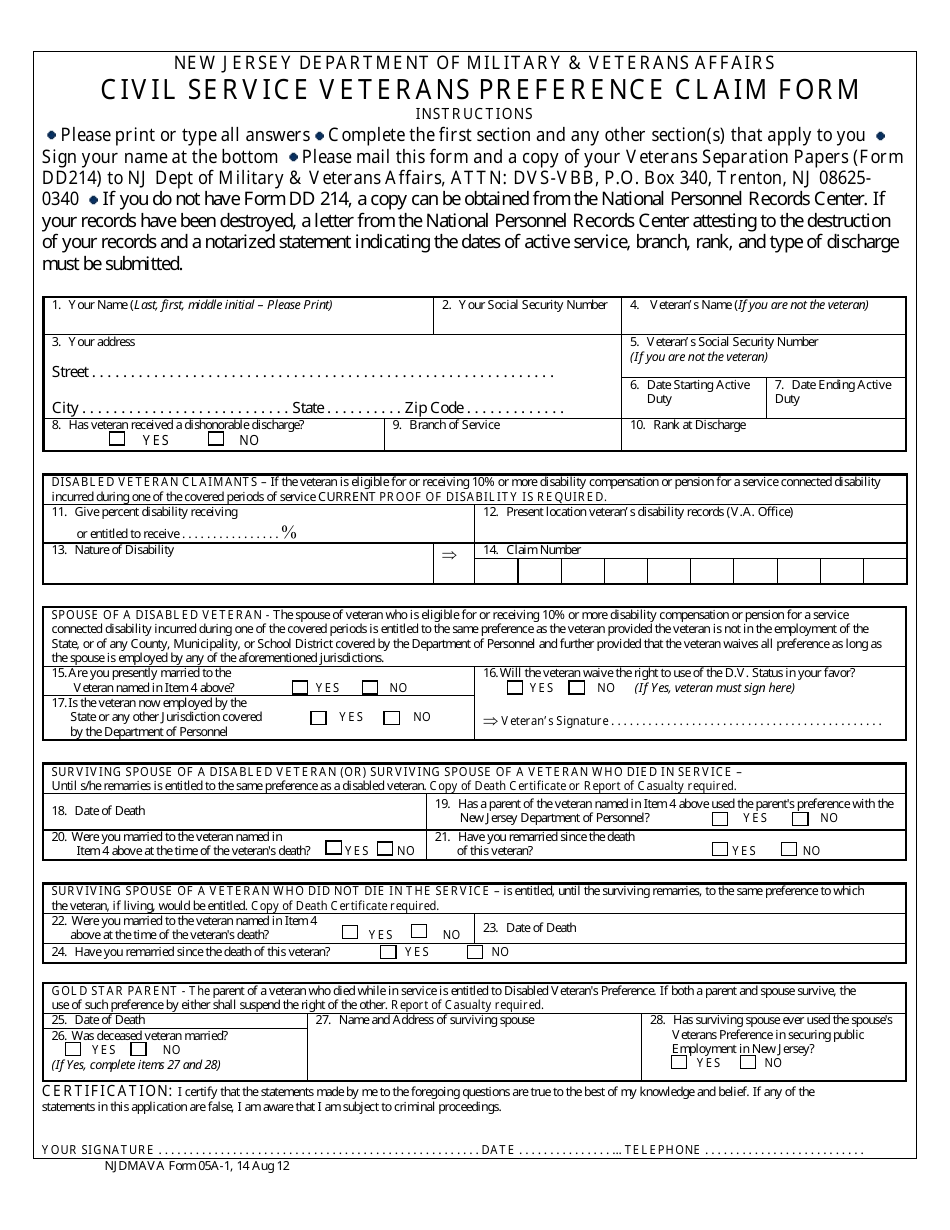 NJDMAVA Form 05A-1 Civil Service Veterans Preference Claim Form - New Jersey, Page 1
