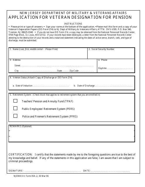NJDMAVA Form 05A-2 Application for Veteran Designation for Pension - New Jersey
