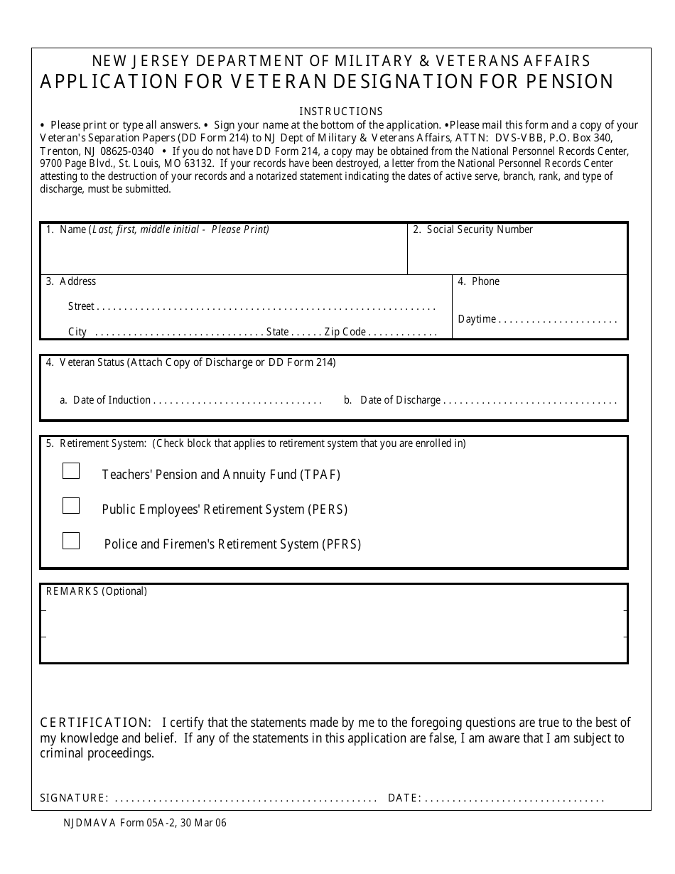 NJDMAVA Form 05A-2 Application for Veteran Designation for Pension - New Jersey, Page 1