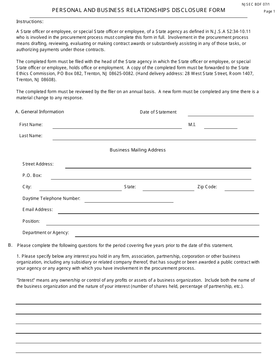 Form NJSEC BDF Personal and Business Relationship Disclosure Form - New Jersey, Page 1