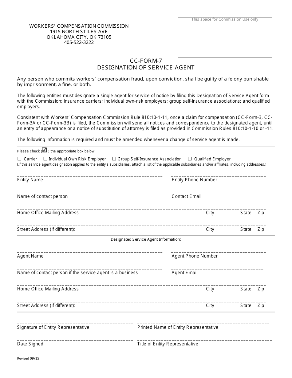 CC- Form 7 Designation of Service Agent - Oklahoma, Page 1