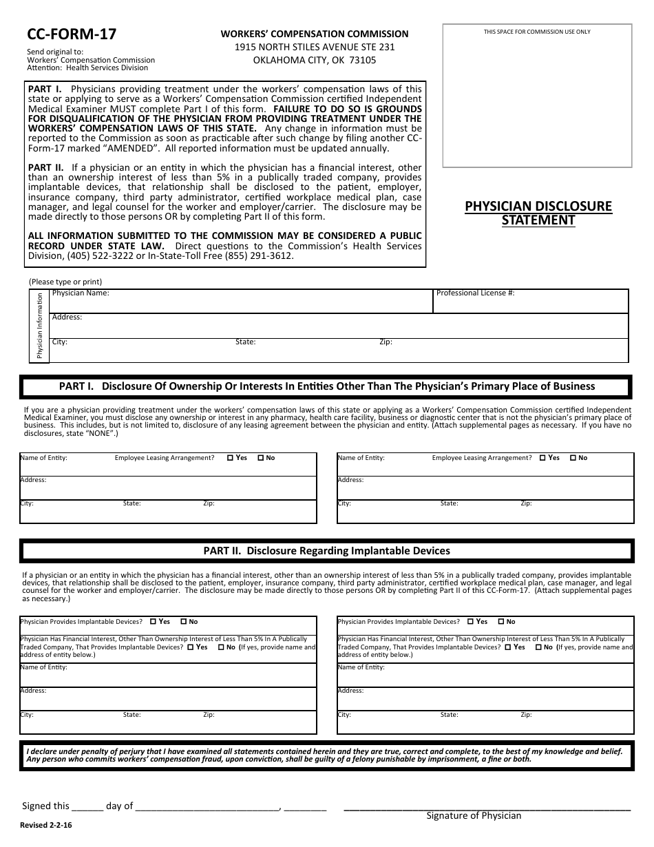 CC- Form 17 Physician Disclosure Statement - Oklahoma, Page 1