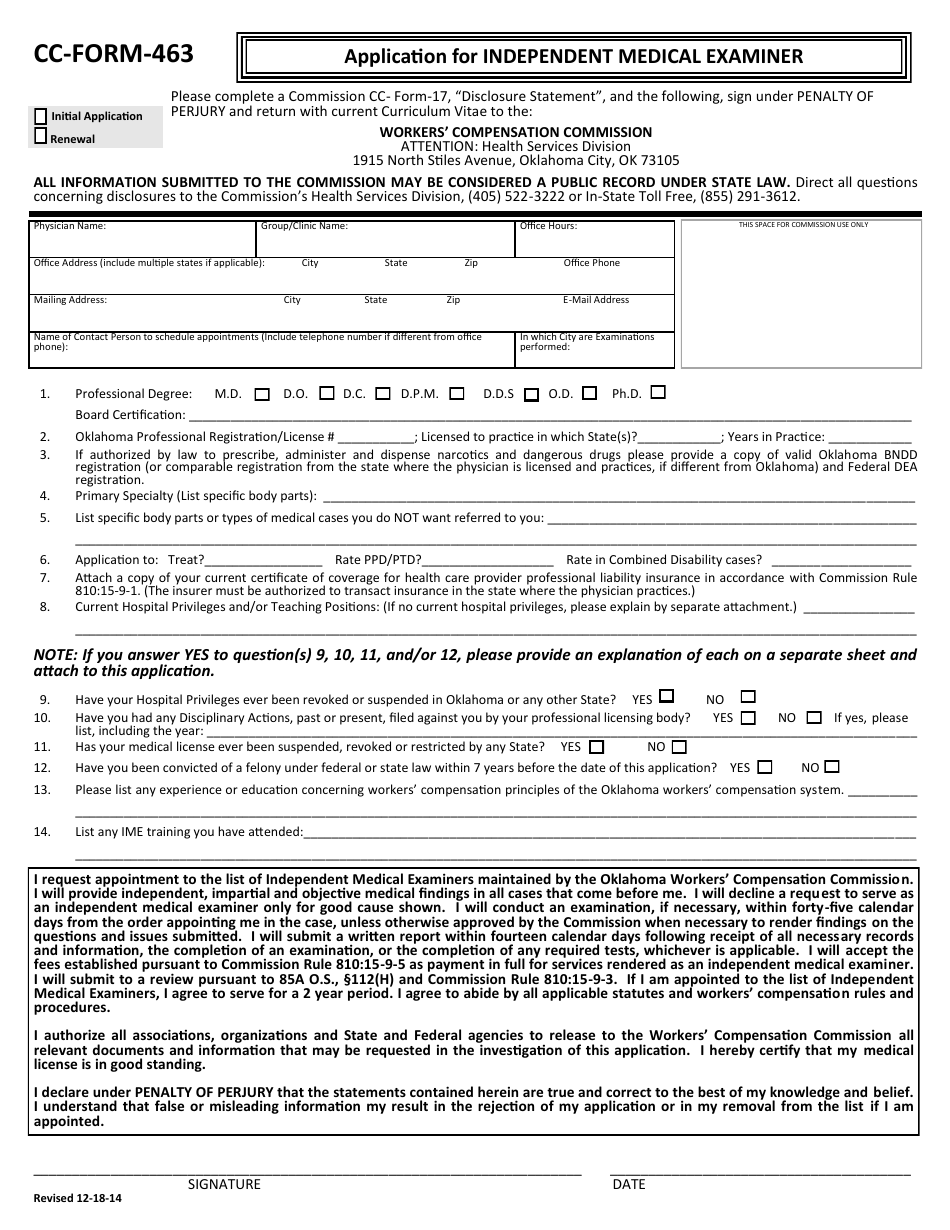 CC- Form 463 Application for Independent Medical Examiner - Oklahoma, Page 1