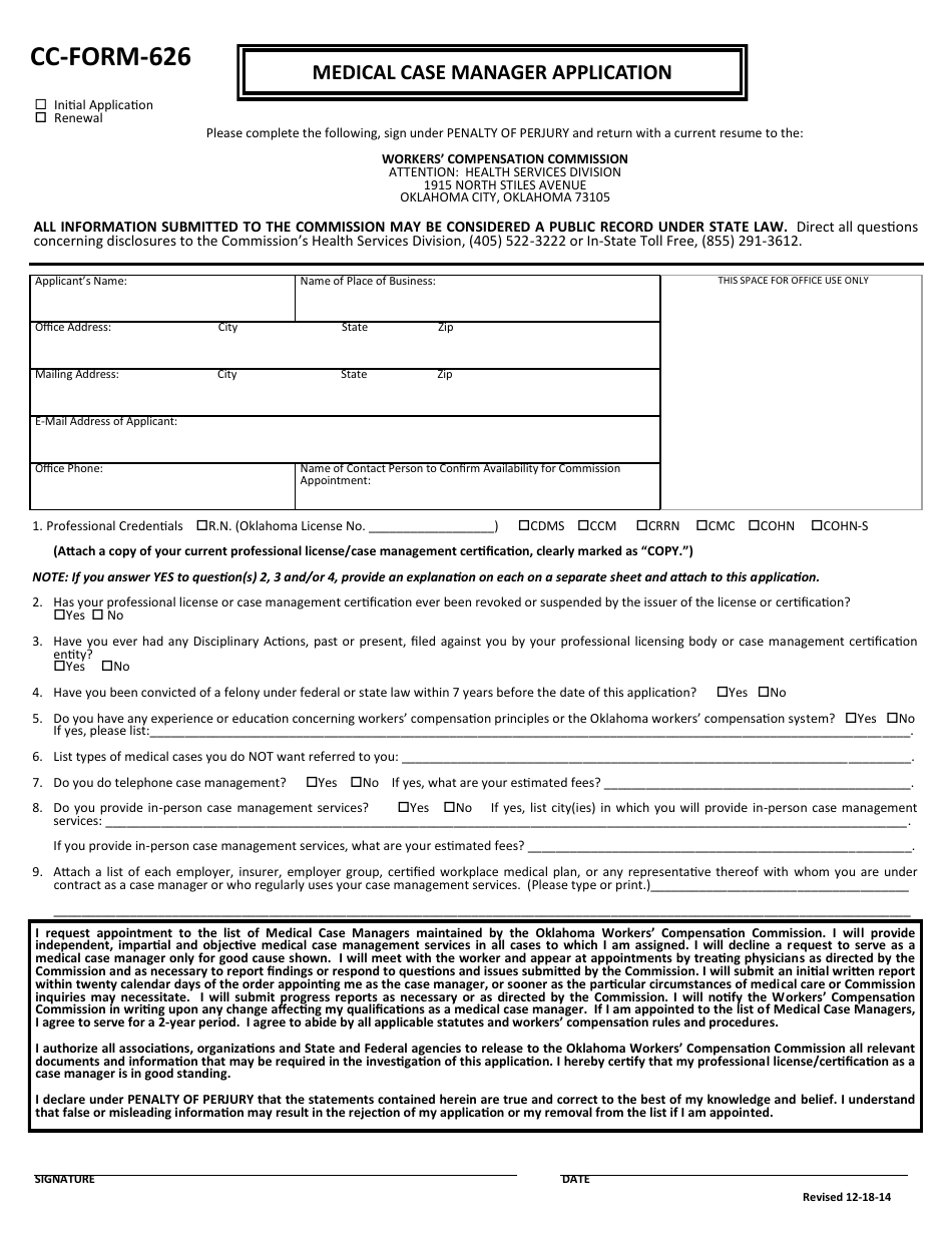 CC- Form 626 Medical Case Manager Application - Oklahoma, Page 1